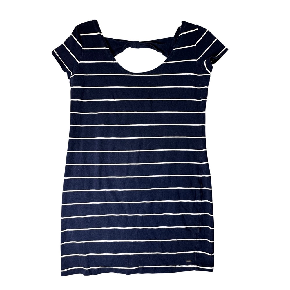 Hollister Striped Bodycon Mini Dress Bow Back Nautical Preppy Small Navy Blue